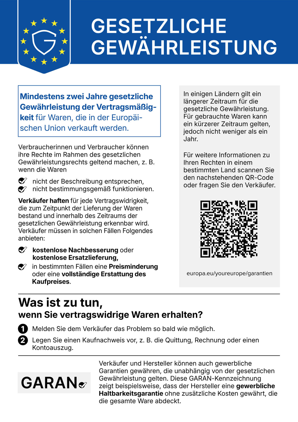 Offizieller EU-Hinweis zur gesetzlichen Gewährleistung. Der vollständige Wortlaut steht unter dem Bild zum Aufklappen bereit.