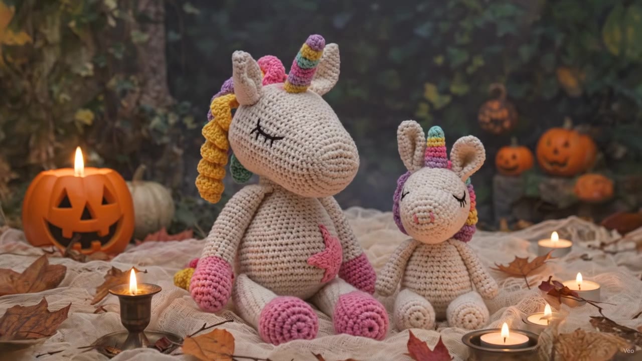 Häkel-Einhorn-Kuscheltiere in Halloween-Dekoration mit Kürbissen und Kerzen